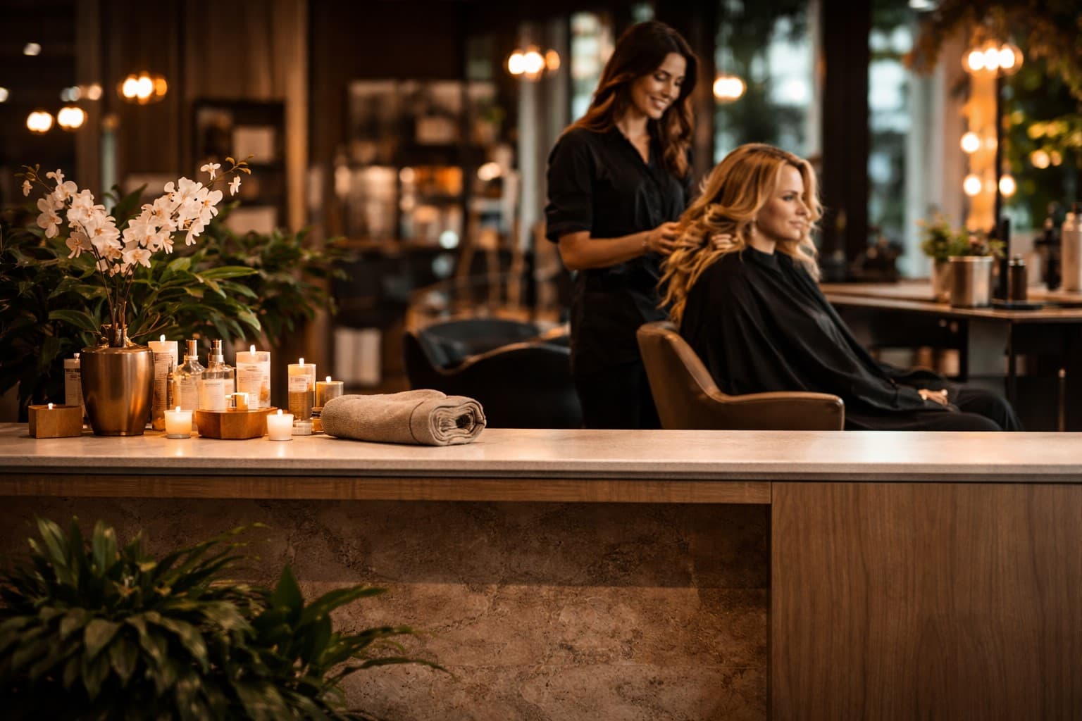 Warm premium salon workspace
